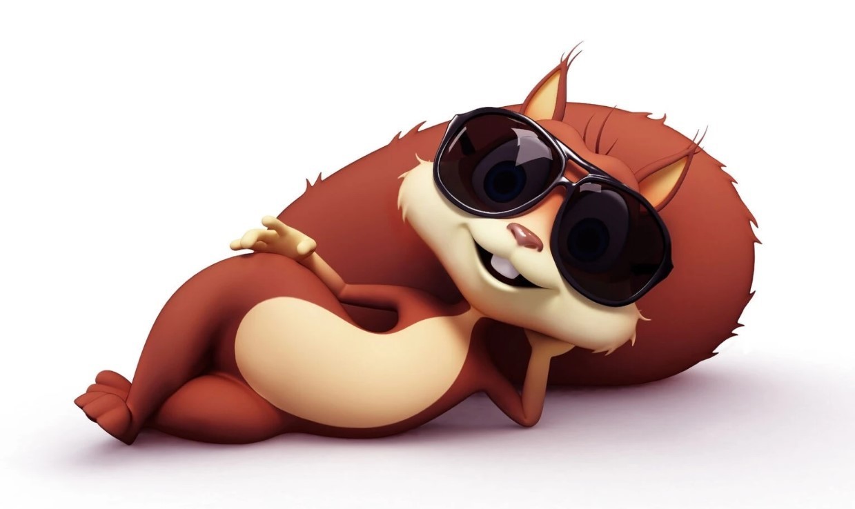 Cyril the Squirrel led down wearing sunglasses