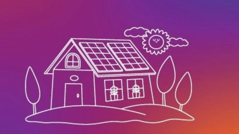 A white line illustration of a house with solar panels, a sun and trees on a purple and orange background